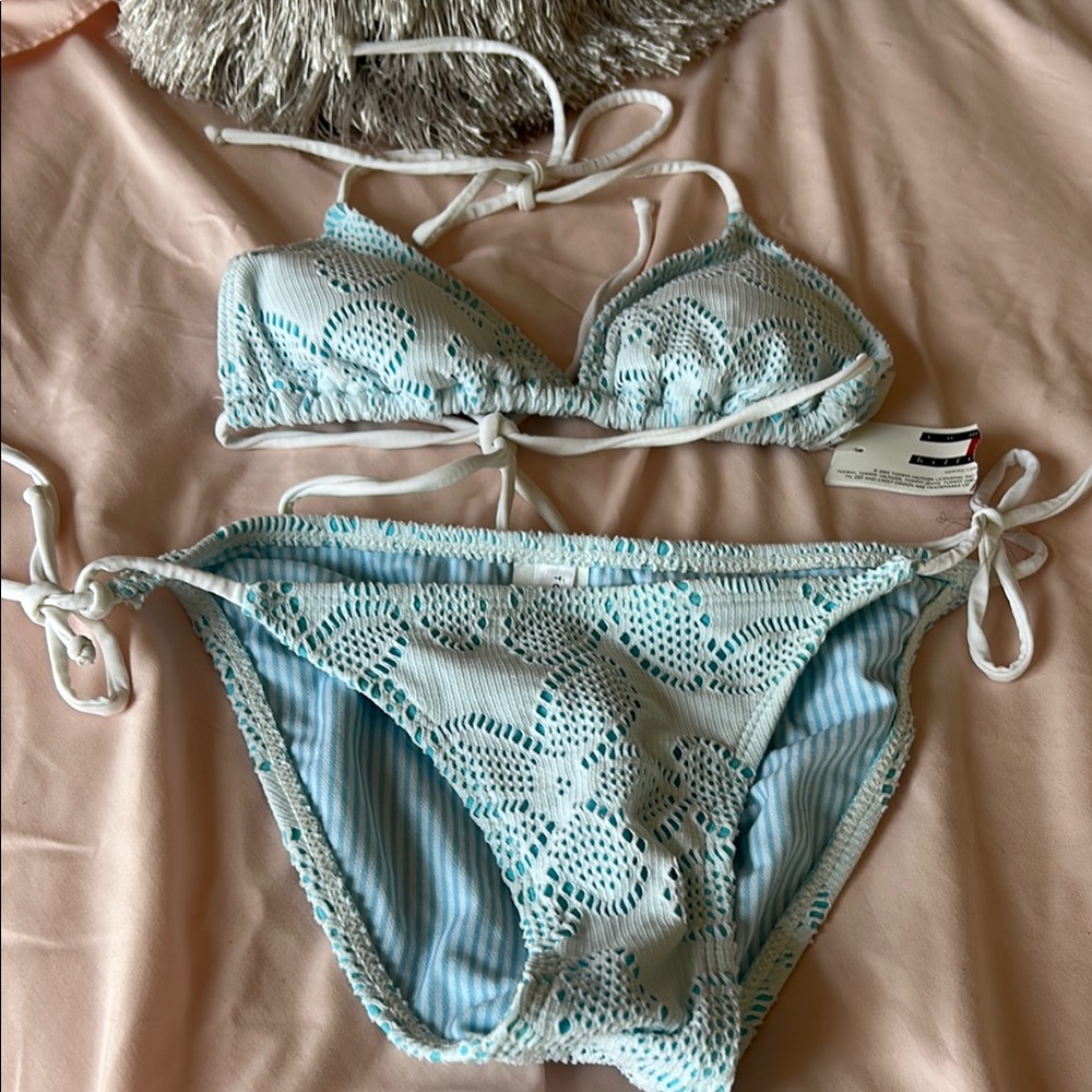 Blue and White Crochet Bikini Set